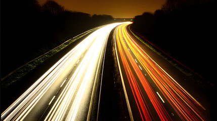 headlight. A long exposure shot of a nighttime road, glowing with streaks of light from passing cars under a dramatic sky. mobility guides.