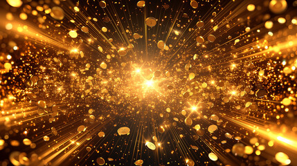 飛び散る大量の金貨と黄金の光　ラグジュアリーな3D背景