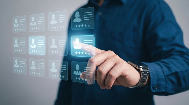 Professional businessman selects a glowing user profile icon on a modern virtual screen fo - Powered by Adobe