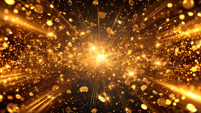 飛び散る大量の金貨と黄金の光　ラグジュアリーな3D背景