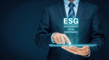 Businessman in a dark suit interacts with a glowing digital tablet displaying ESG concepts