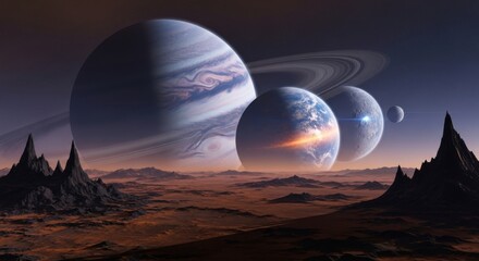 Astro Terrain: Stunning planetary alignment over a desolate alien landscape with mountains