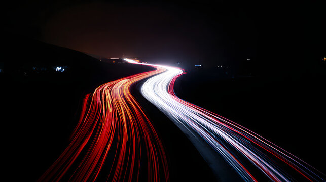 headlight. A long exposure shot of a nighttime road, glowing with streaks of light from passing cars under a dramatic sky. mobility guides.