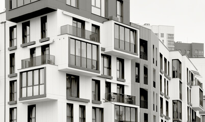 Modern residential apartment building with balconies and curved facades in an urban city setting.