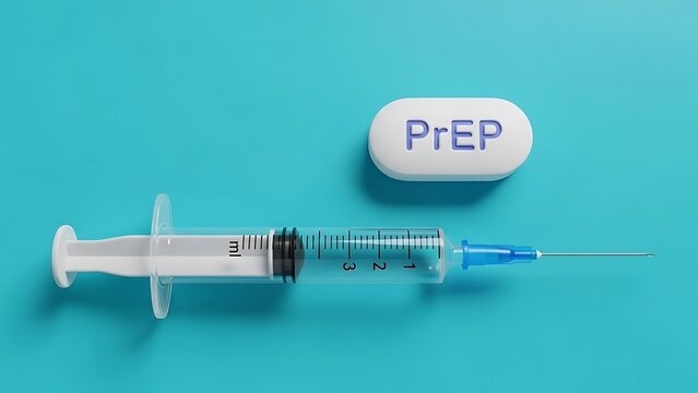 PrEP medication and syringe on a blue background, representing HIV prevention methods