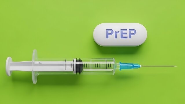 PrEP medication and syringe on a vibrant green background, symbolizing HIV prevention methods