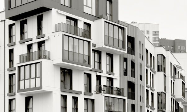 Modern residential apartment building with balconies and curved facades in an urban city setting.