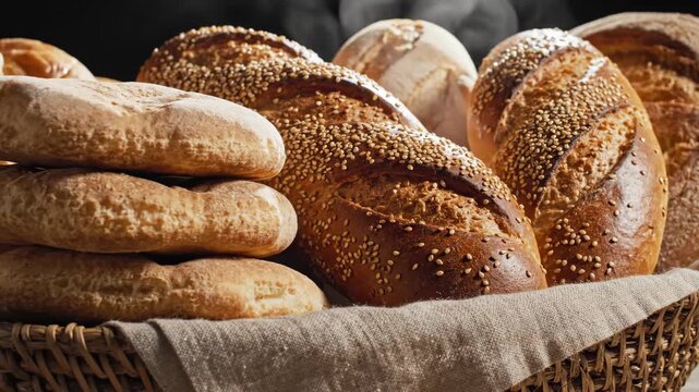 A basket of assorted fresh baked bread with steam rising. Close-up of artisan loaves with a golden crust. Traditional homemade baking concept