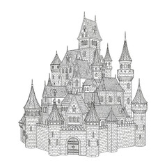 Obraz premium Intricate Fantasy Castle Illustration with Towers and Walls