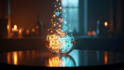 Magical glass bowl filled with glowing neon hearts. Love and romantic inspiration. Transparent bowl on a wooden table releasing sparkling light and hearts in a dark room