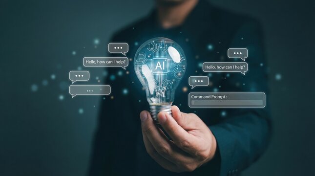 Professional person holding glowing AI light bulb interacting with digital chat interface  - Powered by Adobe