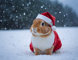 Little tiny bunny dressed up as Santa Claus on snowing, bunny Santa Claus on the snow, winter background