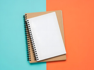 Stacked spiral notebooks with blank covers on a vibrant bicolor background for study and creativity
