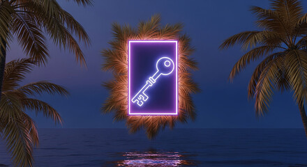 Scene with illuminated key icon in neon frame and palm trees above the water, representing access, security, and digital solutions in a tropical setting