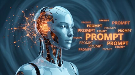 Intelligent humanoid robot head with illuminated neural network responding to AI prompts