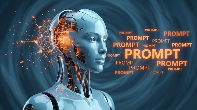 Intelligent humanoid robot head with illuminated neural network responding to AI prompts - Powered by Adobe