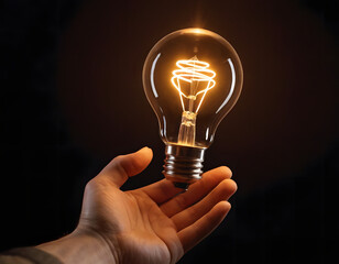 hand holding a light bulb digital network. New ideas, business innovation. 4k ultra realism, copy space, light bulb in hands