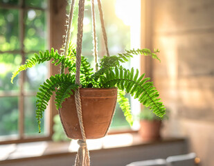 シダの鉢植えを吊るした部屋