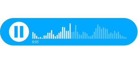 Blue Paused Voice Message Bubble with Digital Sound Waveform and Interface Icons at 5 Seconds...