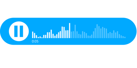 Blue Paused Voice Message Bubble with Digital Sound Waveform and Interface Icons at 5 Seconds Duration