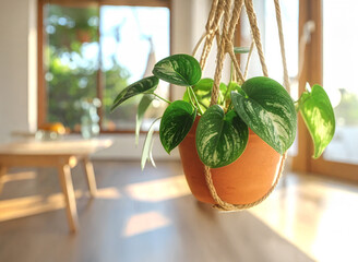 部屋にポトスの鉢を吊るす