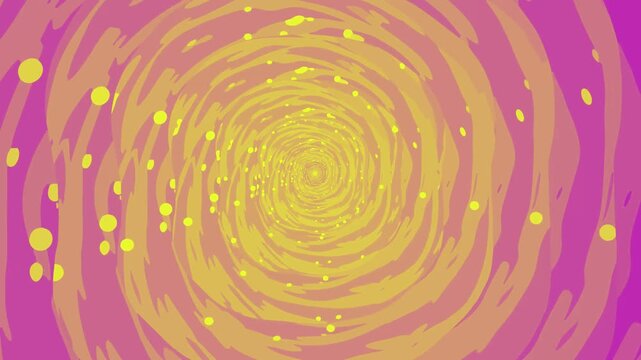 A dreamy abstract motion graphic loop featuring a pastel pink and yellow swirling portal vortex with floating golden light particles. Ideal for magical themes, whimsical title sequences, and fantasy f