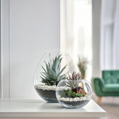 ガラスのポットに植えたエアプランツの置物