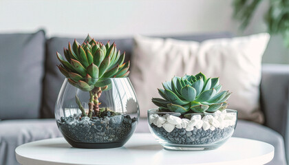 テーブルの上のエアプランツのガラスのポット