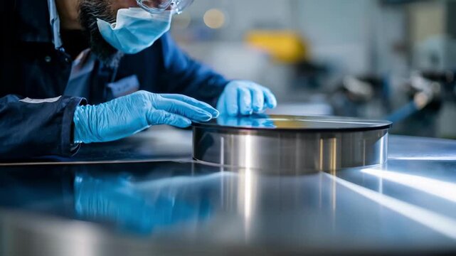 Medium shot of an operator comparing disc surface reflections during a visual inspection to certify product standards