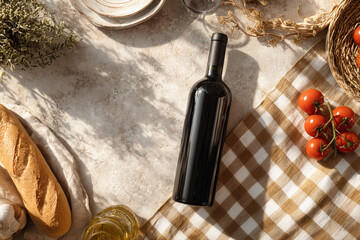 black wine bottle mockup on mediterranean table flatlay, wine bottle with bread and tomatoes overhead