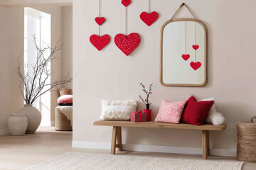 A cozy room features decorations for Valentine day with heart-shaped designs hanging on the wall. A wooden bench holds decorative pillows in various shades of red and pink. 