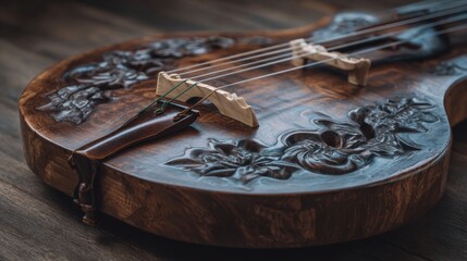 Obraz premium Detailed close up of a Shamisen showing wood texture and carvings