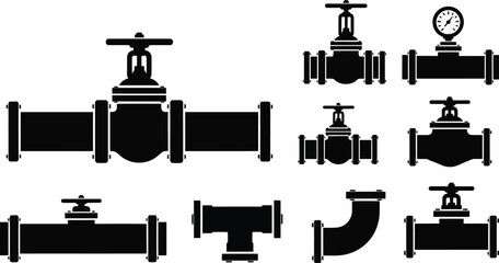 Collection of black pipe valve silhouettes on transparent background