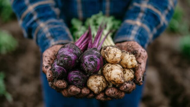 355Close-up of hands holding winter root vegetables like beets, parsnips, and potatoes, soil textures and earthy colors visible, blurred farmhouse or market stall behind, seasonal foo