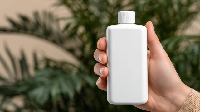 364Close-up of a single hand holding a blank eco-friendly bottle against a soft neutral background, subtle shadows creating depth, minimal background with copy space, clean compositio