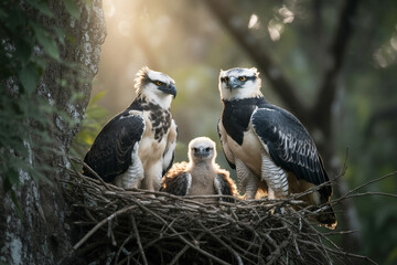 Fototapeta premium A close-up photograph of two adult harpy eagles and their young chick perched on a large nest made of twigs and branches.