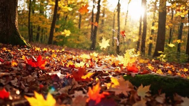 Vibrant autumn forest floor blanketed with colorful fallen leaves, illuminated by warm sunlight filtering through the trees, creating a serene and picturesque seasonal landscape.