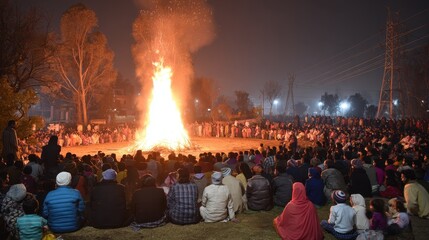 Large group celebrating bonfire festival at night with fireworks
