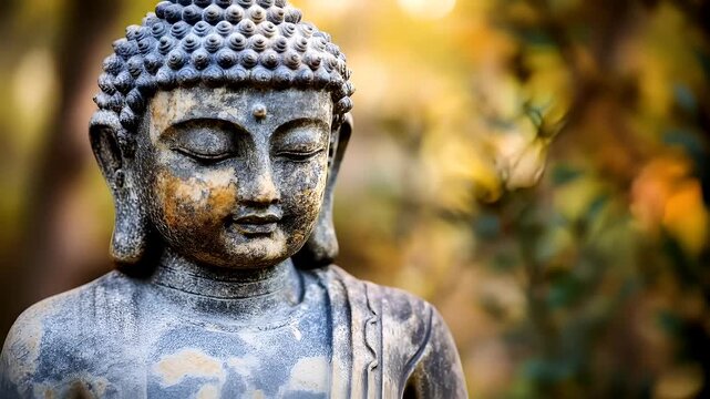 Fitness. Exercise. New Year resolution. Healthy lifestyle theme. A closeup of a Buddha statue with a serene expression, set against a blurred background.