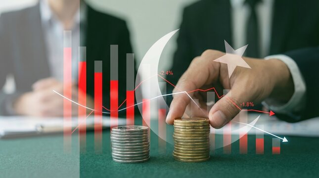 Businessman hand stacks gold coins while financial charts with Pakistan symbols show econo - Powered by Adobe