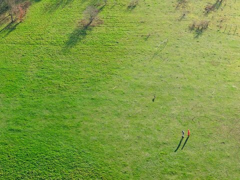 Aerial view of a vast expanse of verdant field, where two figures cast long shadows under the winter sun, Basingstoke, England, United Kingdom.