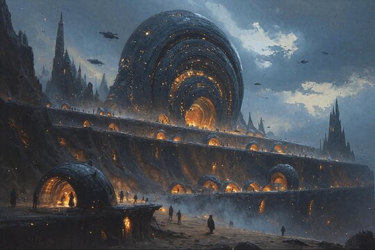 Ancient Stone Bridge with a Massive Glowing Circular Energy Gate
