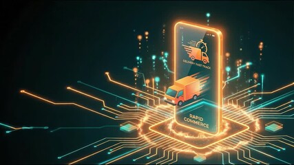 Mobile commerce platform showcasing glowing smartphone, delivery van and fast shipment logistics with digital circuit network and neon circuitry for rapid e commerce delivery app concept - Powered by Adobe
