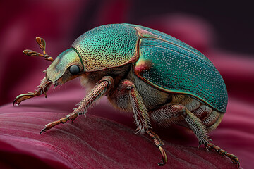 Fototapeta premium Extreme macro view of a colorful weevil beetle standing on a pink flower petal