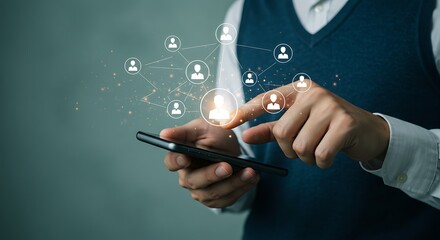 Modern Professional Networking and Connectivity Concept Showing Hand Touching Digital People Icons Over a Smartphone Screen for Business Growth