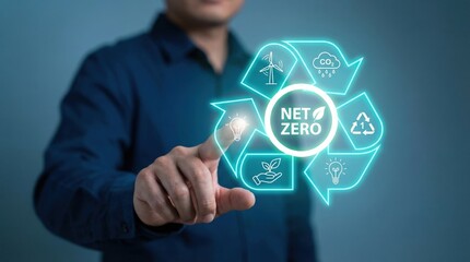 Businessman touching an interactive glowing Net Zero climate sustainability concept displa