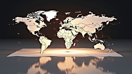 3d world map emerging from an unfolded paper map, continents are made of geometric polygonal shapes with metallic textures, symbolizing global communication and technology.