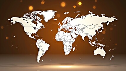 3d world map emerging from an unfolded paper map, continents are made of geometric polygonal shapes with metallic textures, symbolizing global communication and technology.