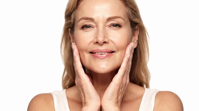 Happy 50s middle aged mature woman touching facial skin looking at camera pampering in mirror. Old healthy dry skin care beauty concept, skincare treatment, cosmetics and anti age plastic surgery.