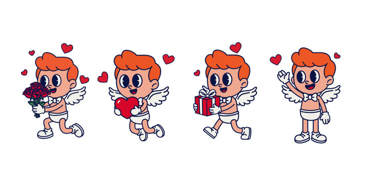 A cute and playful cupid boy cartoon illustration set featuring four adorable poses, including holding roses, a heart, a gift box, and waving cheerfully.